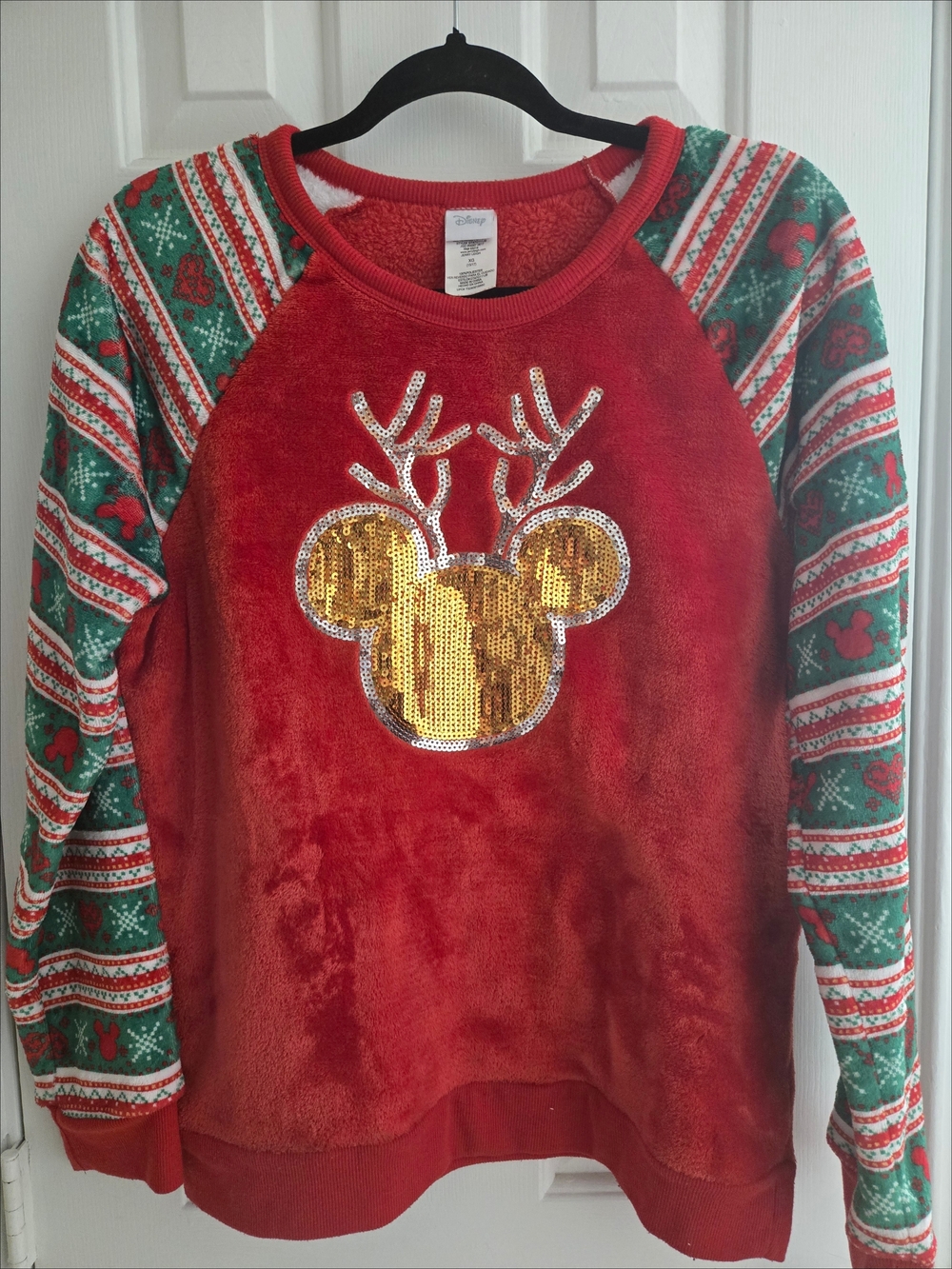 Disney Mickey Mouse Reindeer Christmas Sweatshirt Sequin Velour Jrs XL EUC